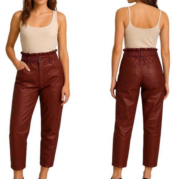 Zara Denim - Zara Maroon Paperbag Waist Coated Tapered Pants High Rise Small